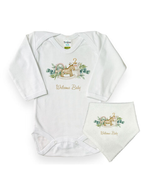 Ξύλινο Αλογάκι "Welcome Baby" (Κορμάκι-Σαλιάρα)