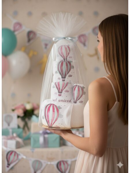 "Έφτασα Ροζ Αερόστατο" Τούρτα από πάνες-λευκά είδη και προίκα (Gold)