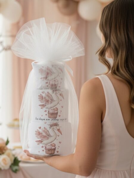 "Ρομαντικός Ροζ Πελαργός" Τούρτα από πάνες-λευκά είδη και προίκα (Silver)