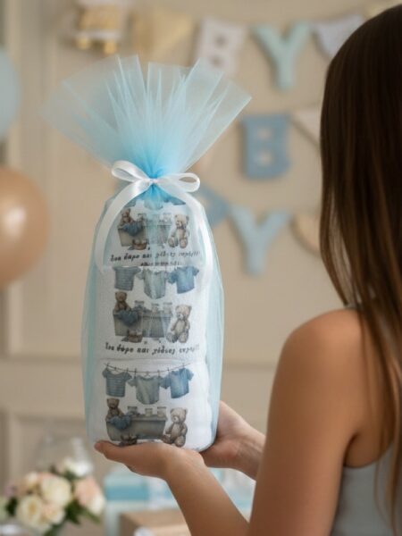 "Blue Teddy Bears Laundry" Τούρτα από πάνες-λευκά είδη και προίκα (Silver)