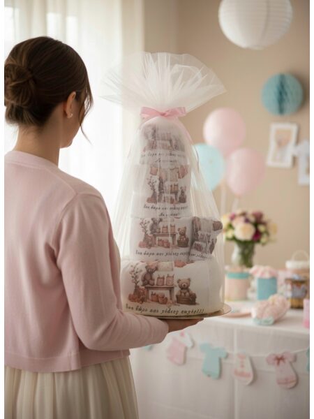 "Pink Teddy Bears Laundry" Τούρτα από πάνες-λευκά είδη και προίκα (Gold)