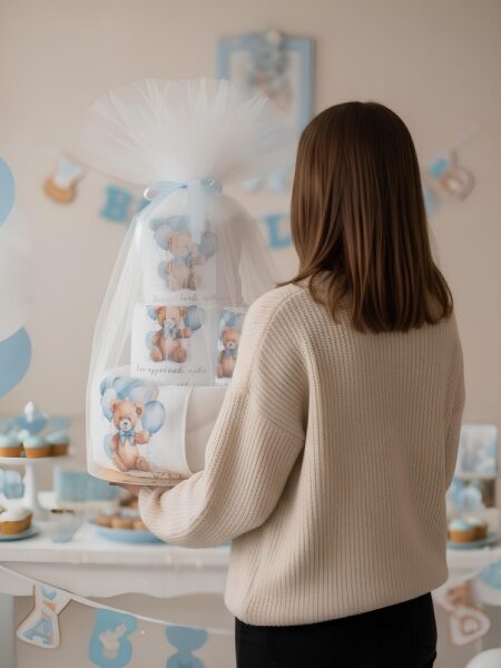 "Teddy Bear Blue Ballons" Τούρτα από πάνες-λευκά είδη και προίκα (Gold)