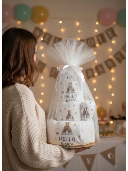 "Hello Baby Teddy" Τούρτα από πάνες-λευκά είδη και προίκα (Gold)